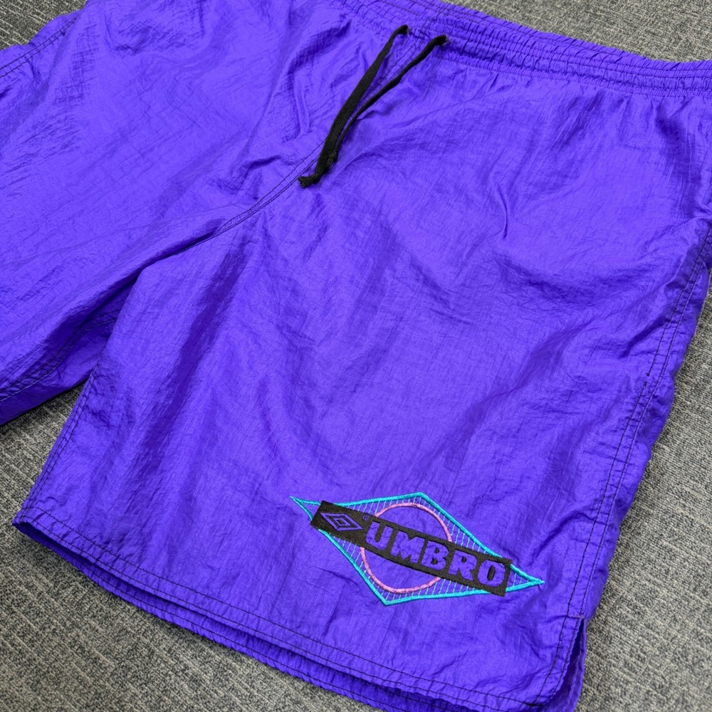 Vintage Umbro Soccer Shorts XL Purple Nylon Embroidered Logo 90s Sportswear